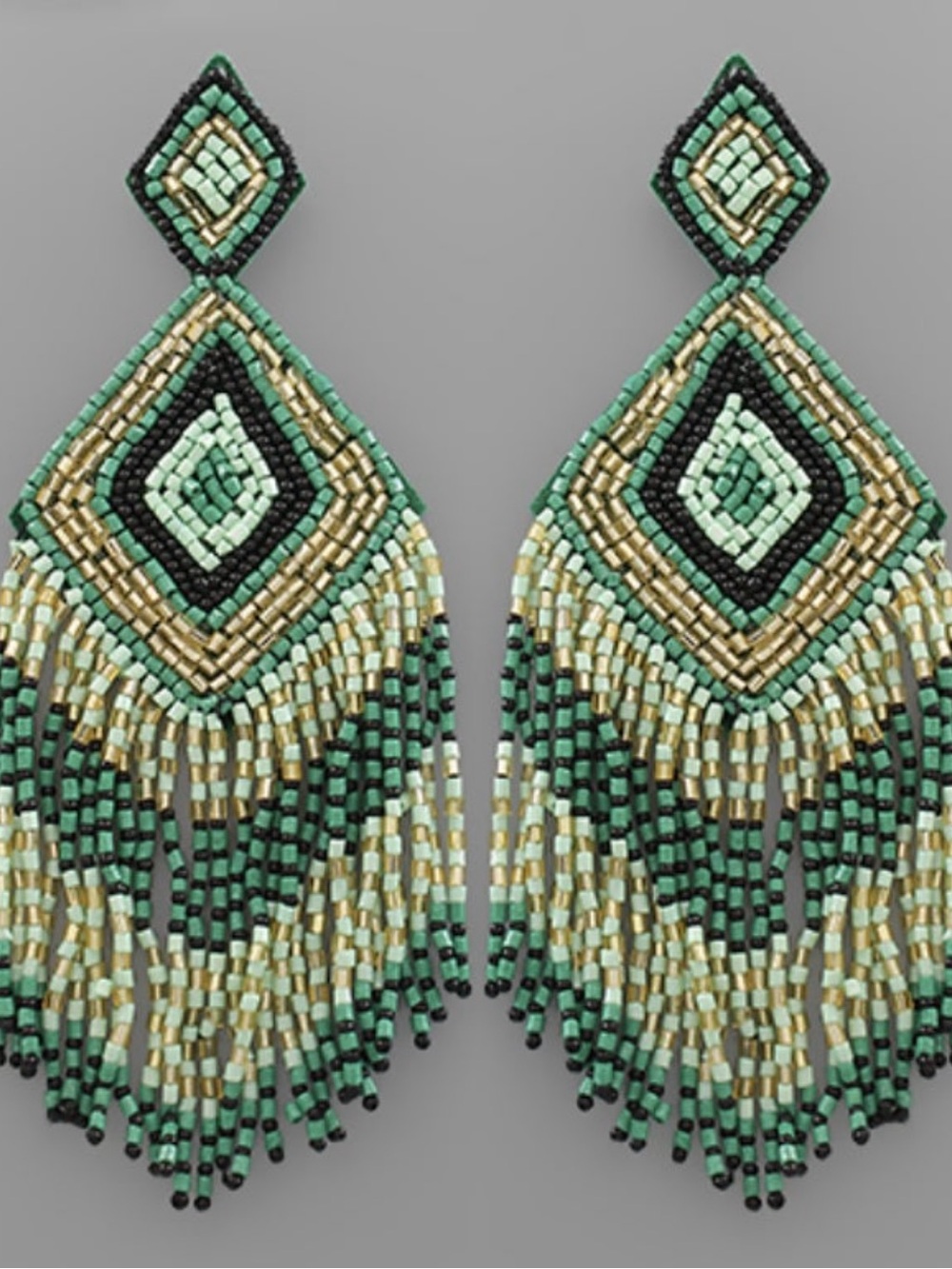 Green Beaded Fringe Statement Earrings